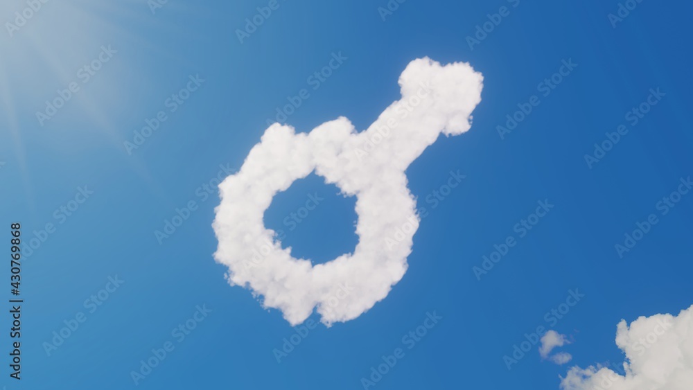 Poster 3d rendering of white clouds in shape of symbol of mars on blue sky with sun