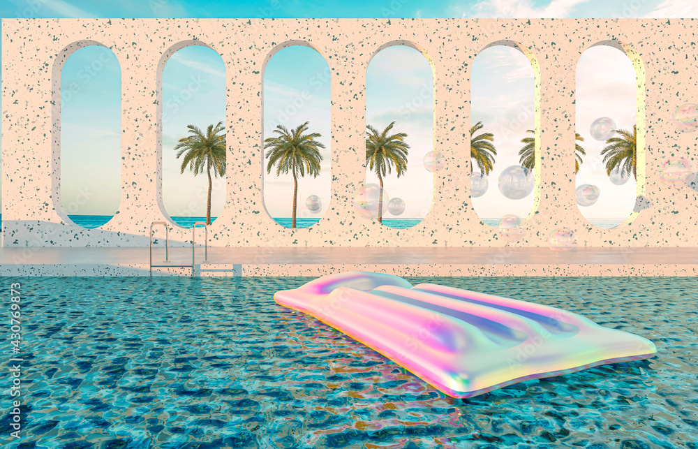 Fototapete summer beach scene background with holographic inflatable pool float. 3d rendering.