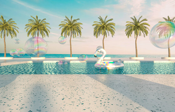 Summer beach scene background with terrazzo podium for product display. 3d rendering.
