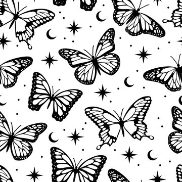 Occult style magical butterfly seamless pattern. Flat vector design background.