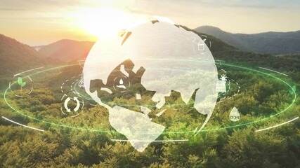 Environmental technology and innovation, for conserve the natural environment. Sustainable development green technologies futuristic planet earth. Aerial green Mountain landscape at sunset.