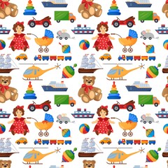 Seamless vector pattern with a collection of toys. A doll, cars, a helicopter, a ship. Children and kindergarten