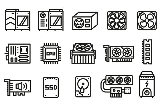 Computer hardware icon. Basic parts for performance system a computer in a case.