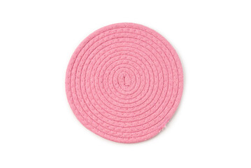 Pink wool pot holder or fabric hot mat isolated on white background