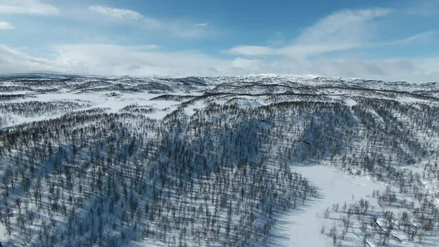Scenic Aerial video - fly over frozen snowy mountains, birch forest, valleys. Sunny day, few clouds. Subarctic landscape of Lapland, Northern Sweden. FPV, first person view footage