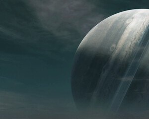 Science fiction background illustration of a large gaseous planet beyond a dense atmosphere.