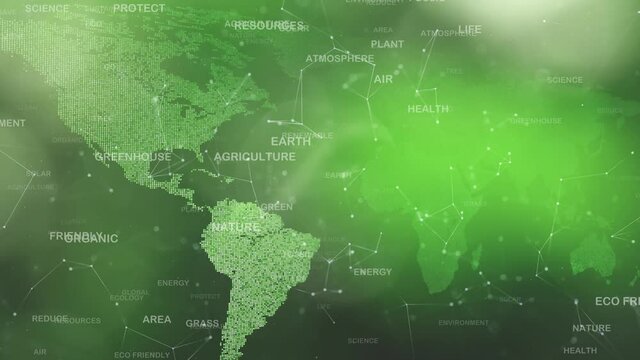 Ecology and environment protection word cloud with world map animation.