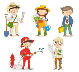 Set of children characters. Firefighter, gardener, businessman, archaeologist, engineer. Kids workers. Child professional.