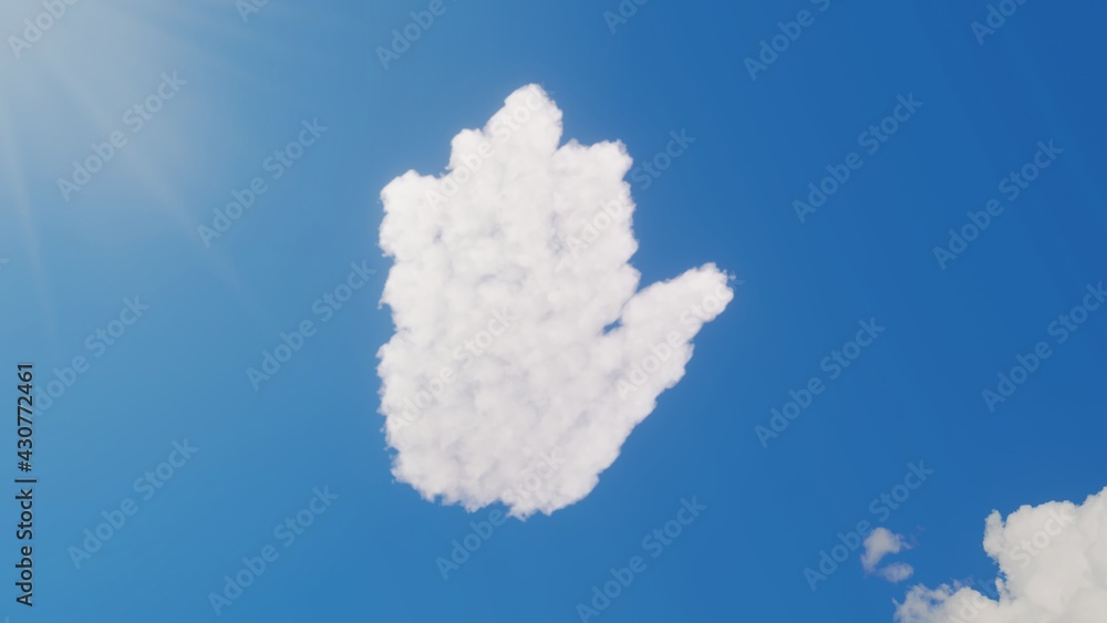 Poster 3d rendering of white clouds in shape of symbol of hold on blue sky with sun