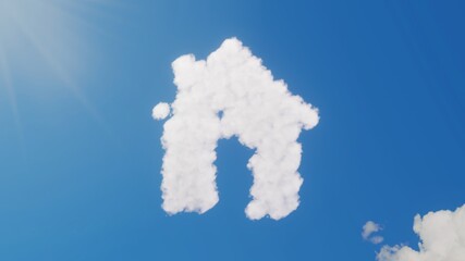 Fototapeta premium 3d rendering of white clouds in shape of symbol of home on blue sky with sun