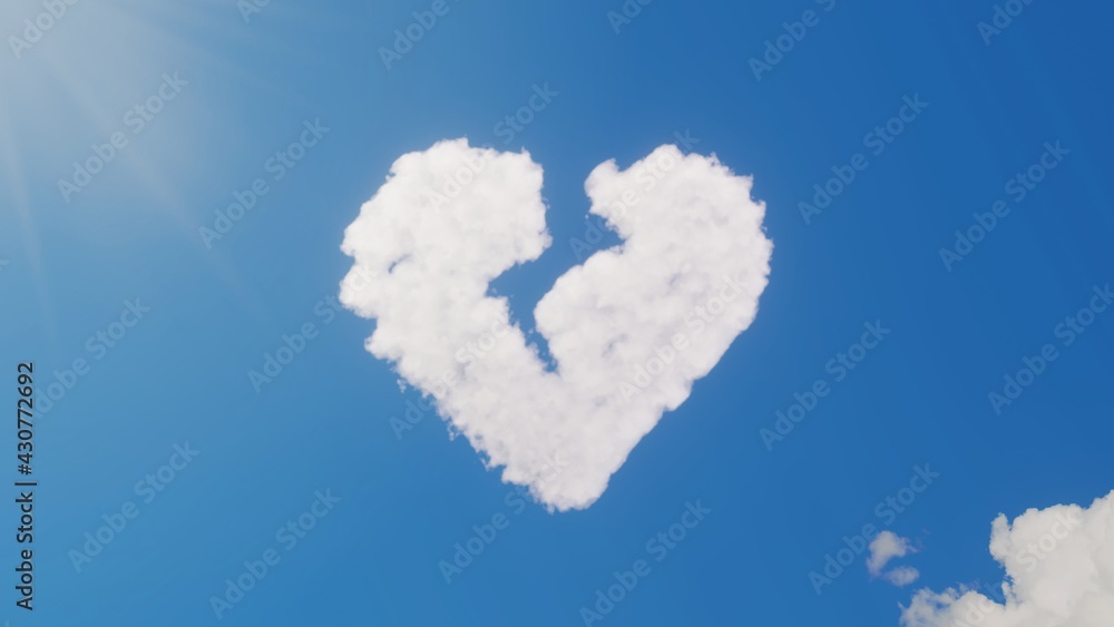 Poster 3d rendering of white clouds in shape of symbol of heart broken on blue sky with sun