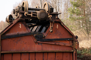 Fototapeta na wymiar narrow gauge railway in a swamp where a wagon with peat overturned