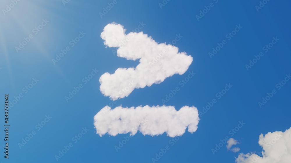 Poster 3d rendering of white clouds in shape of symbol of greater than equal on blue sky with sun