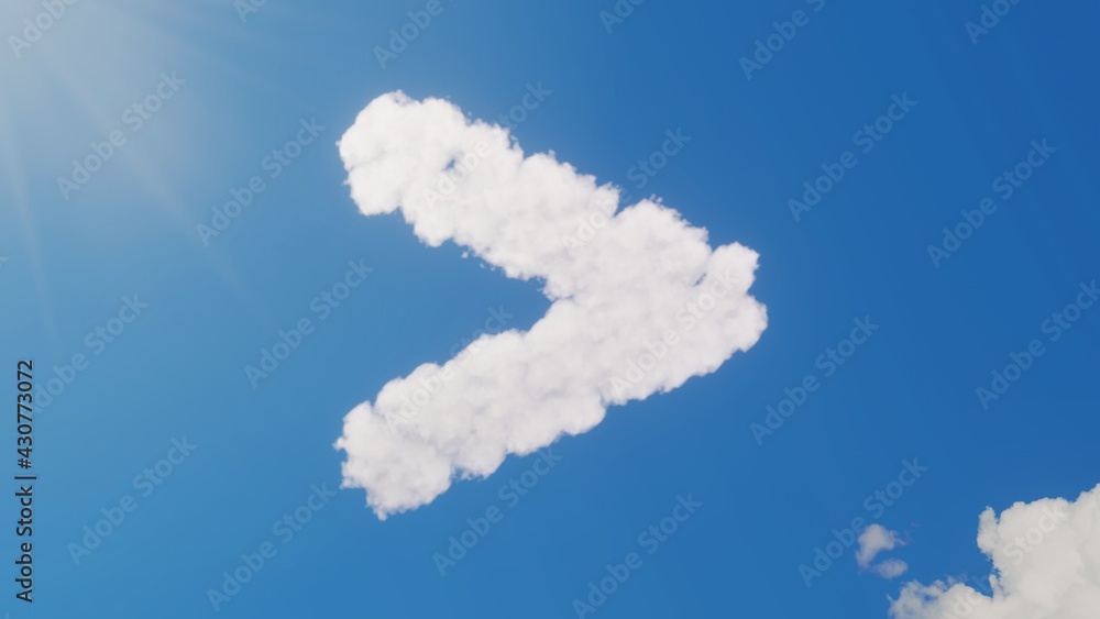 Poster 3d rendering of white clouds in shape of symbol of greater than on blue sky with sun