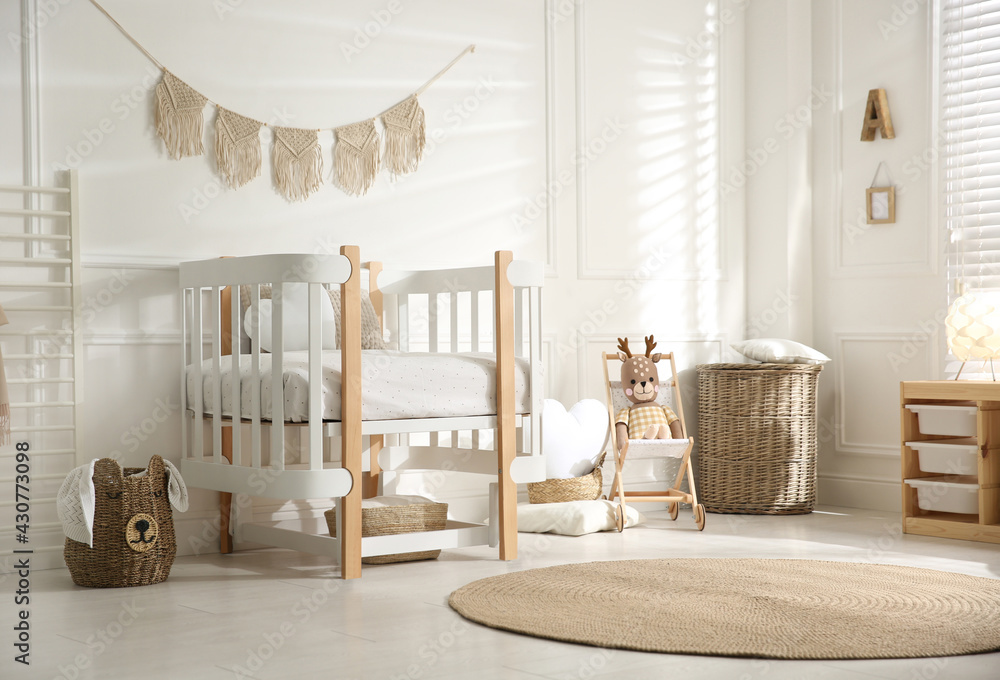 Sticker Baby room interior with stylish furniture and toys