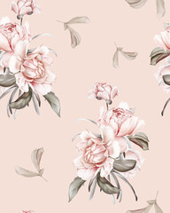 Seamless spring pattern with a bouquet of peonies. Vintage wallpaper with flowers in pastel colors