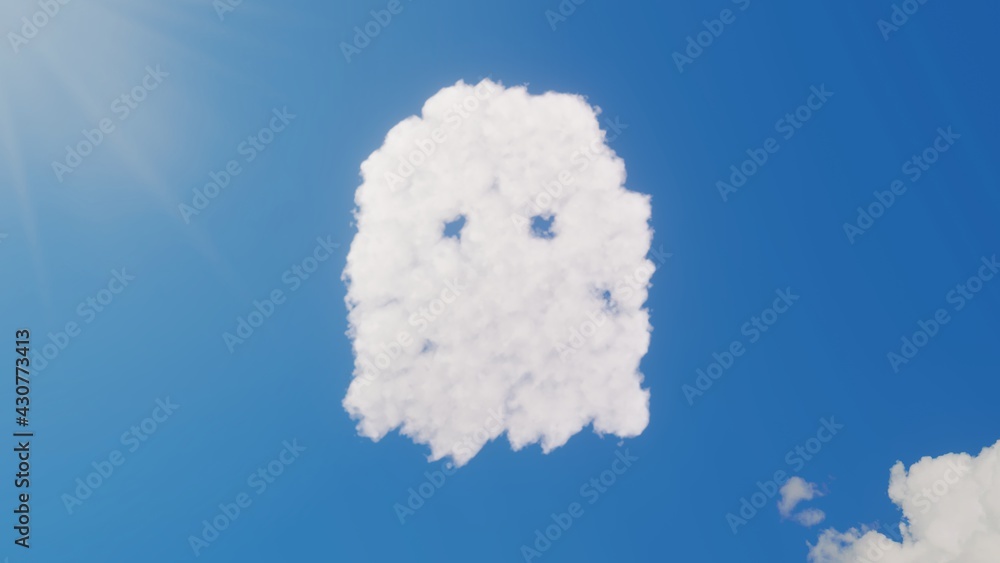 Poster 3d rendering of white clouds in shape of symbol of ghost on blue sky with sun