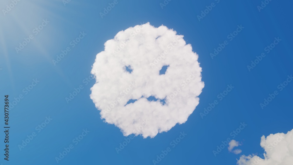 Poster 3d rendering of white clouds in shape of symbol of frown on blue sky with sun