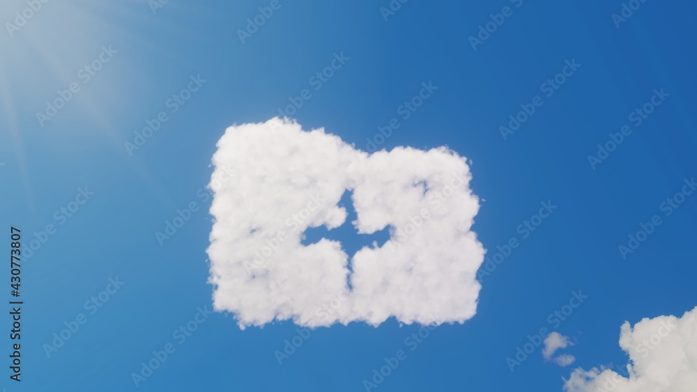 Poster 3d rendering of white clouds in shape of symbol of folder plus on blue sky with sun