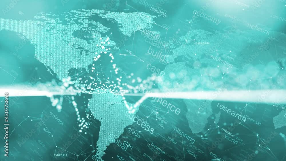 Poster cyan blue business world map word cloud animation. modern network charts on artistic shiny backgroun