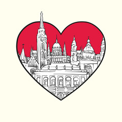 I love Budapest. Red heart and famous buildings