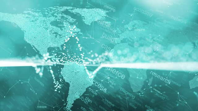 Cyan blue business world map word cloud animation. Modern network charts on artistic shiny background.	