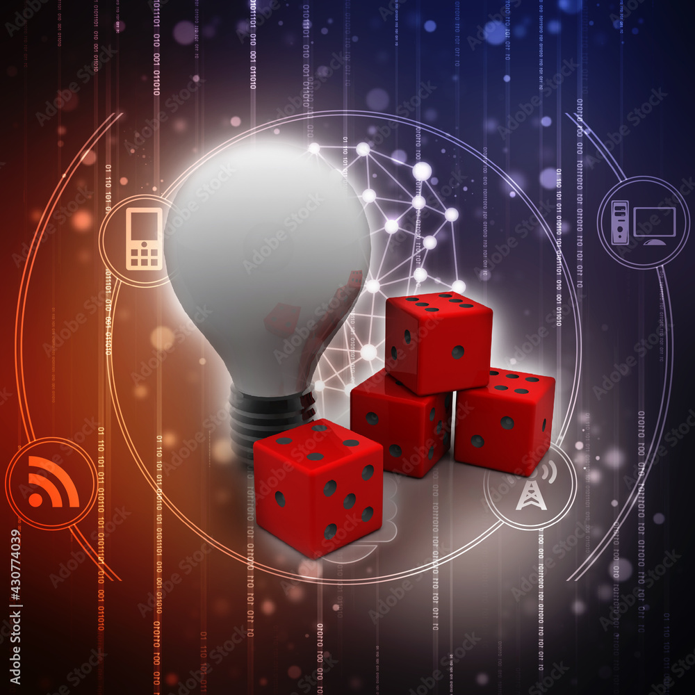 Poster 3d rendering led light bulb with dice