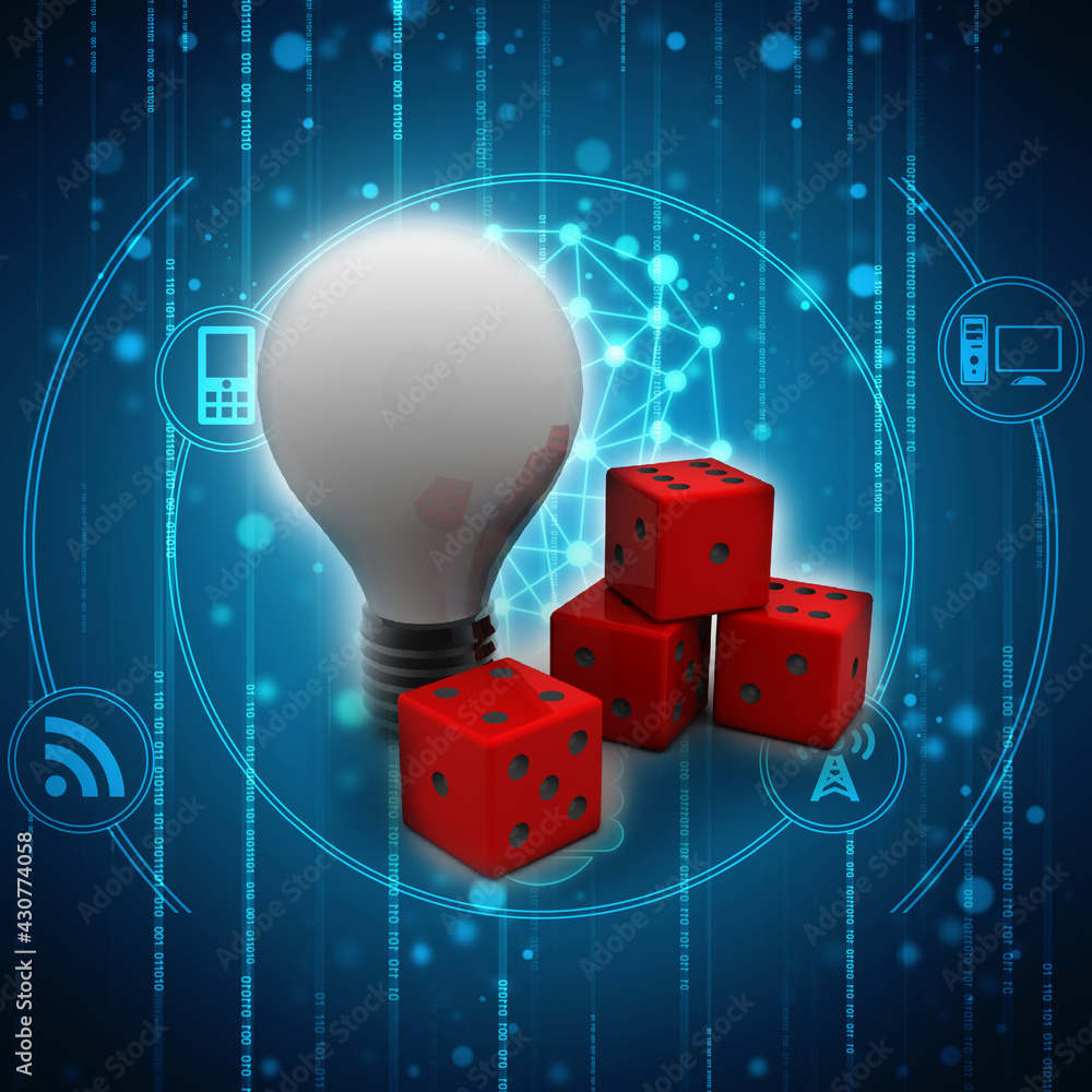 Poster 3d rendering led light bulb with dice