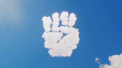 3d rendering of white clouds in shape of symbol of fist raised on blue sky with sun