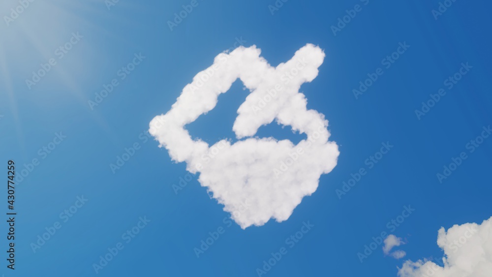 Poster 3d rendering of white clouds in shape of symbol of fill on blue sky with sun