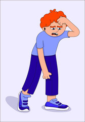 A flat vector illustration of a walking boy puzzled by his thoughts and situation. A character for illustrations, posters, and banners.