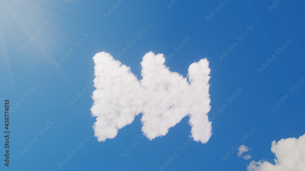Poster 3d rendering of white clouds in shape of symbol of fast forward on blue sky with sun