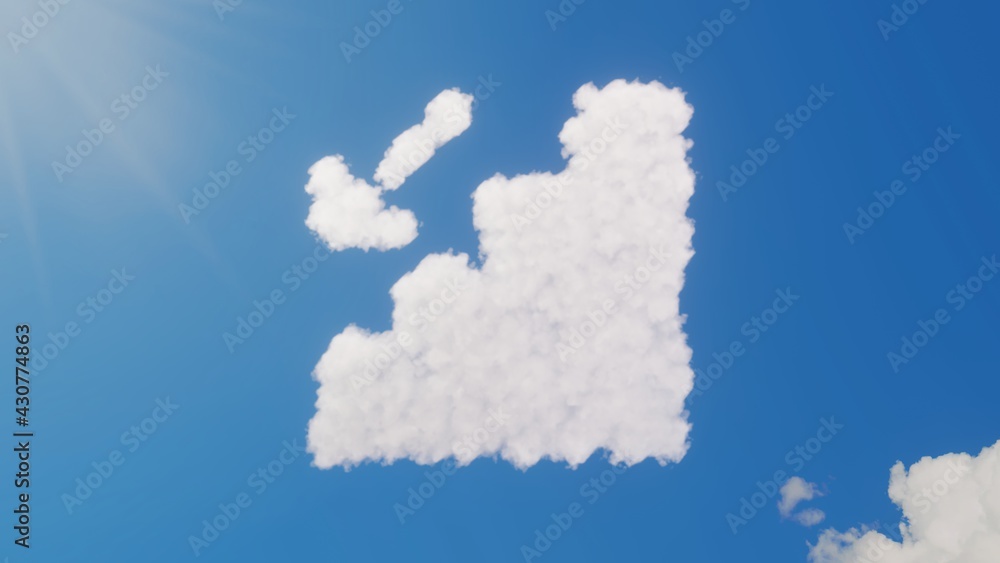 Poster 3d rendering of white clouds in shape of symbol of fallen on blue sky with sun
