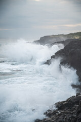 wave, sea, beach, water, ocean, sky, coast, nature, landscape, blue, sunset, rock, rocks, waves, stone, seascape, clouds, shore, summer, travel, coastline, rocky, sand, sunrise, view, huge, big, power