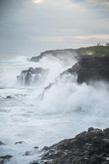 wave, sea, beach, water, ocean, sky, coast, nature, landscape, blue, sunset, rock, rocks, waves, stone, seascape, clouds, shore, summer, travel, coastline, rocky, sand, sunrise, view, huge, big, power