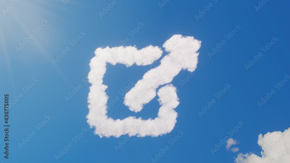 Poster 3d rendering of white clouds in shape of symbol of external link on blue sky with sun