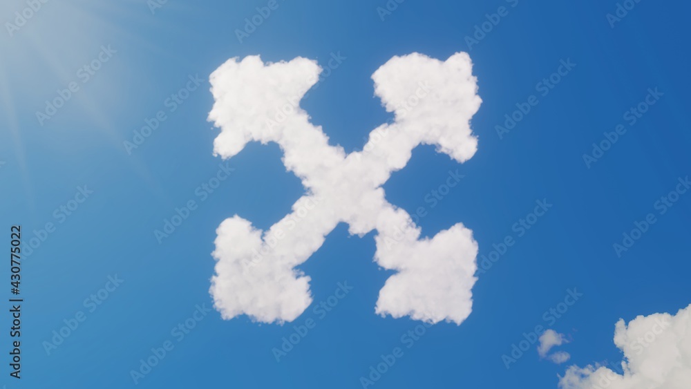 Poster 3d rendering of white clouds in shape of symbol of expand arrows on blue sky with sun