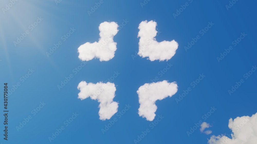 Poster 3d rendering of white clouds in shape of symbol of exit on blue sky with sun