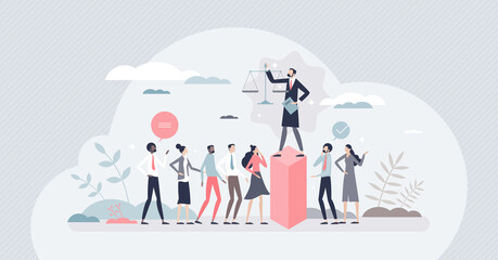 Authority as governmental and political leadership power tiny person concept. Leader domination and control over community vector illustration. Fair, confident hierarchy with judgment and justice.