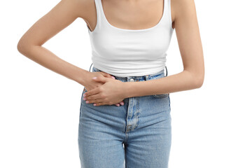 Woman suffering from appendicitis inflammation on white background, closeup