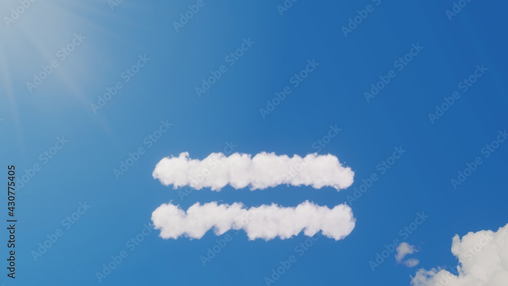 Poster 3d rendering of white clouds in shape of symbol of equal on blue sky with sun