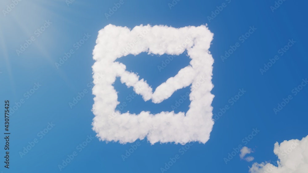 Aufkleber 3d rendering of white clouds in shape of symbol of envelope square on blue sky with sun