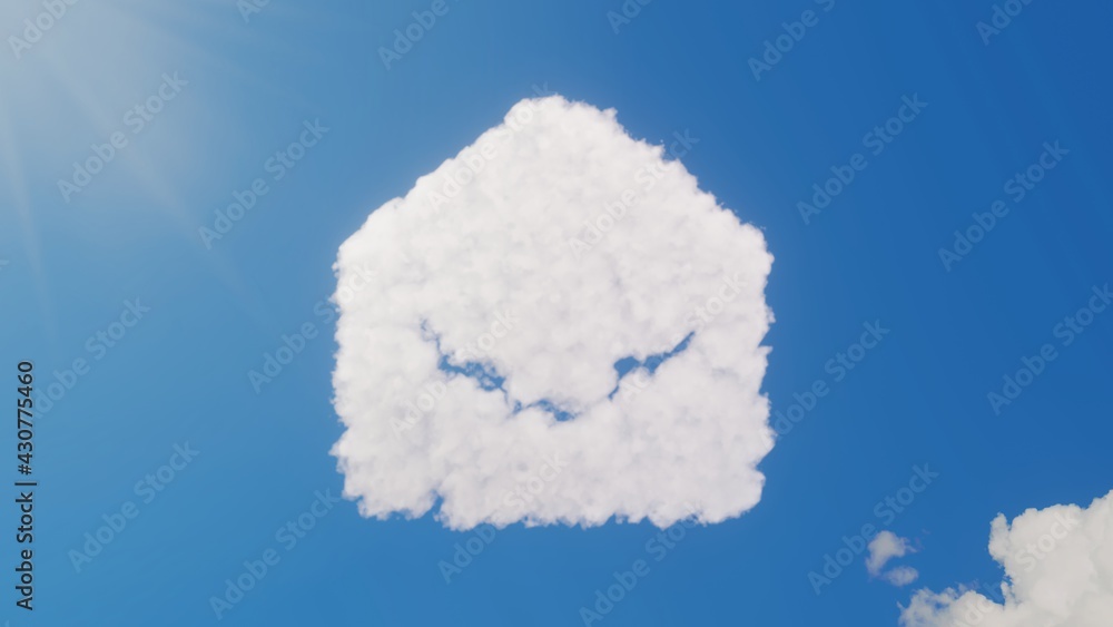 Poster 3d rendering of white clouds in shape of symbol of envelope open on blue sky with sun