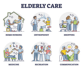 Elderly care for senior rehabilitation and assistance outline collection set. Pensioner nursing and aged social support with medicine, shopping, recreation and orthopedist help vector illustration.