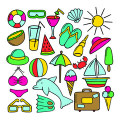 Set of summer beach items isolated on white background.