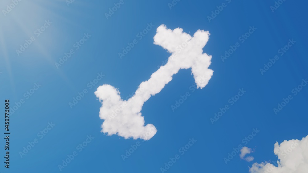 Poster 3d rendering of white clouds in shape of symbol of dumbbell on blue sky with sun