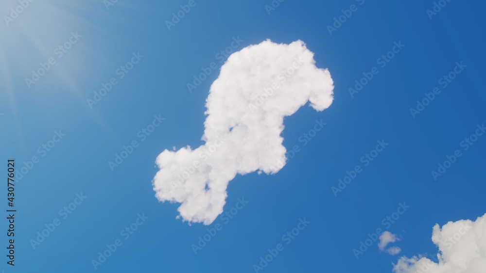 Poster 3d rendering of white clouds in shape of symbol of drumstick bite on blue sky with sun