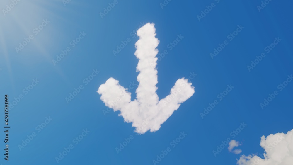 Poster 3d rendering of white clouds in shape of symbol of down arrow on blue sky with sun