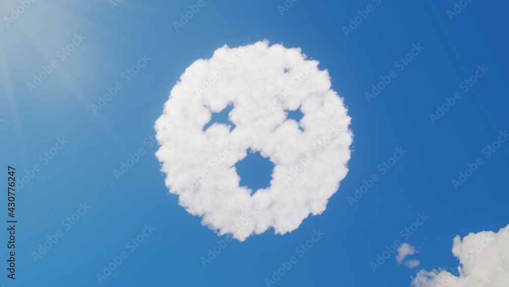 Poster 3d rendering of white clouds in shape of symbol of dizzy on blue sky with sun