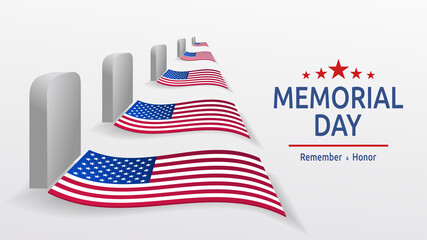 Usa memorial day card. Headstones with flags on a white background. Grave of american soldiers. Memory and honor. Realistic 3d vector